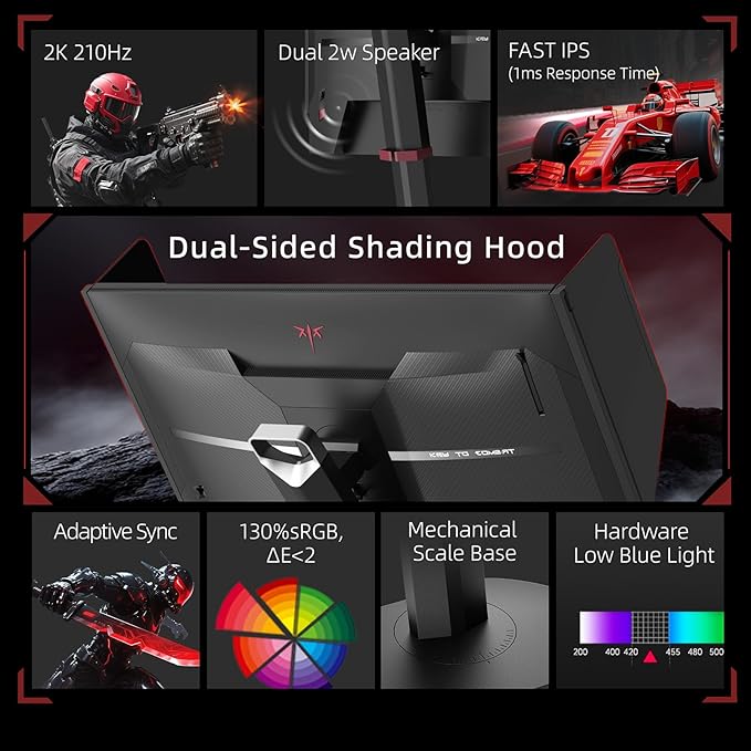 KTC 27 Inch Gaming Monitor 27M1 1440p 200Hz Computer Monitor with Built-in Sperkers Up to 210Hz 2K QHD Fast IPS Adaptive Sync 130% sRGB ΔE＜2 Height Adjustable Monitors with Shielding Hood