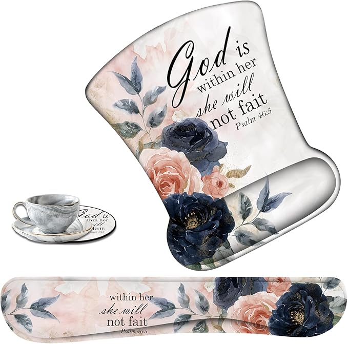 Keyboard Wrist Support + Wrist Mousepad + Coaster Combination Non-Slip PU Base with Gel Memory Mousepad Suitable for Gaming Office Pain Relief Mousepad Set - Psalm 46:5 Floral
