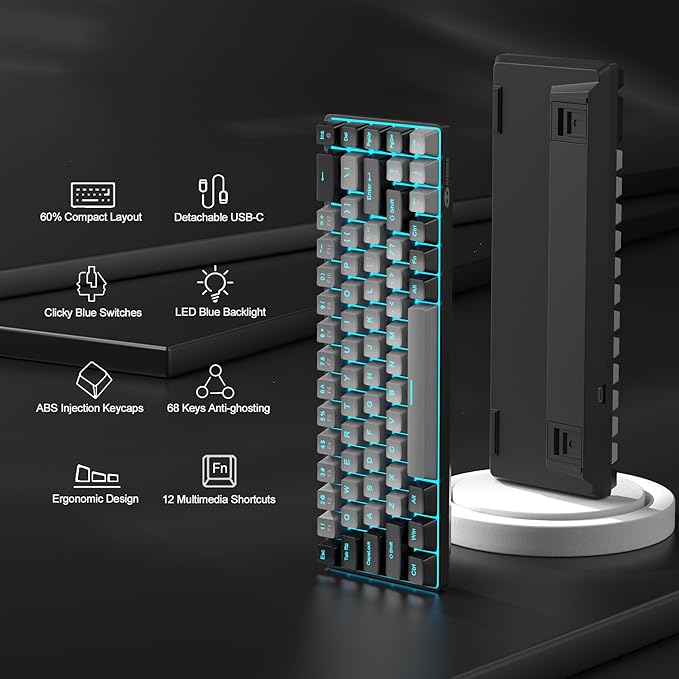 MageGee Portable 60% Mechanical Gaming Keyboard MK-Box LED Backlit Compact 68 Keys Mini Wired Office Keyboard with Blue Switch for Windows Laptop PC Mac - Grey/Black