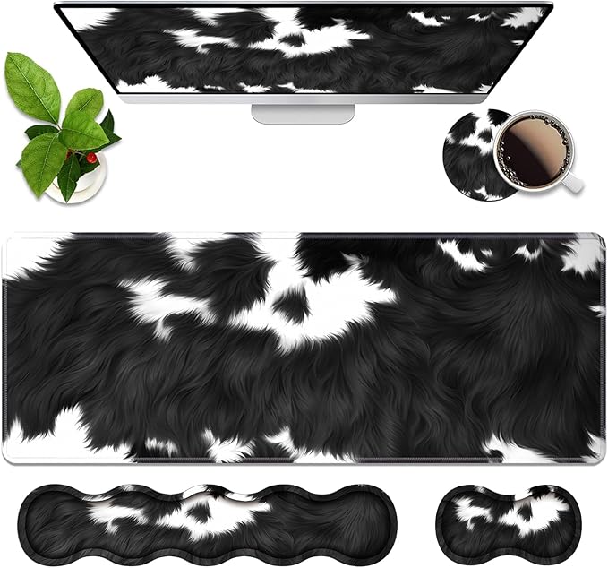 4 in 1 Ergonomic Memory Foam Mouse Pad Wrist Rest Set Large XXL Gaming Desk Pad + Keyboard Wrist Rest + Mouse Wrist Cushion + Coaster for Home Office Study Gaming Black and White Cow Print