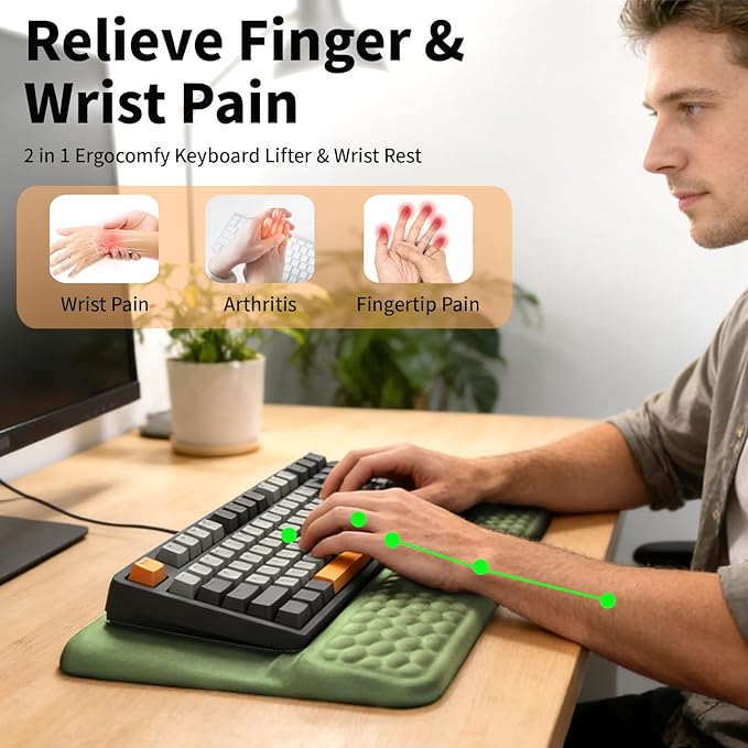 Wrist Rest with Keyboard Stand Computer Wrist Support Pad Ergonomic Keyboard Riser Hand Rest Soft Memory Foam Cushion Holder Gaming Typing Desk Accessories for Office Home School（Green）