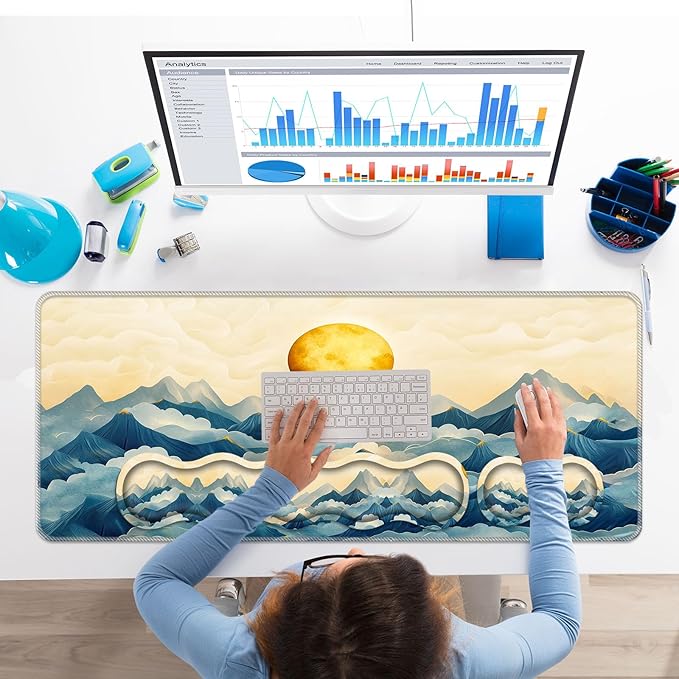 Keyboard Wrist Rest SetMemory Foam Wrist Support Mouse Pad31.5x11.8 Desk Mat for Comfortable Typing &amp Pain ReliefNon-Slip Base for Office &amp Home Use - Mountain and Moon