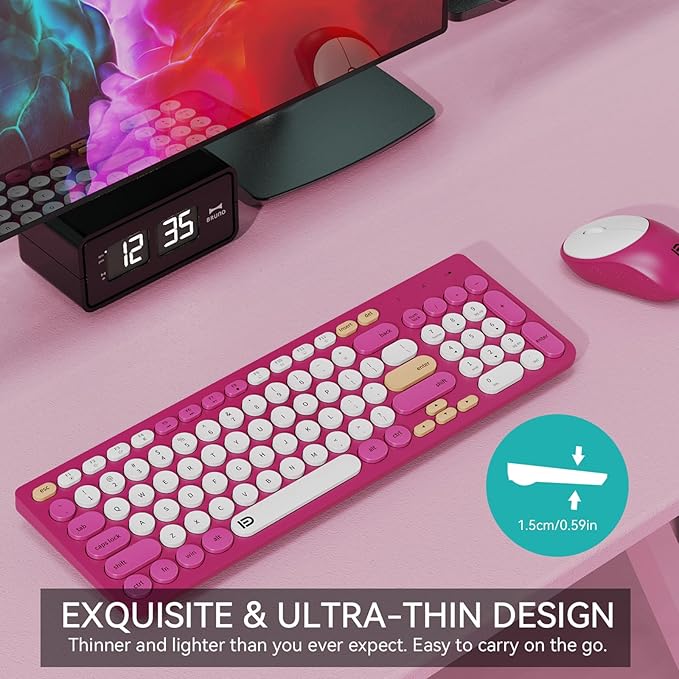 FD Wireless Keyboards and Mouse Combo - 2.4GHz USB Cordless Cute Wireless Keyboard Round Keys Quiet and Slim Set for Laptop Computer TV and Mac - Strawberry White Colorful