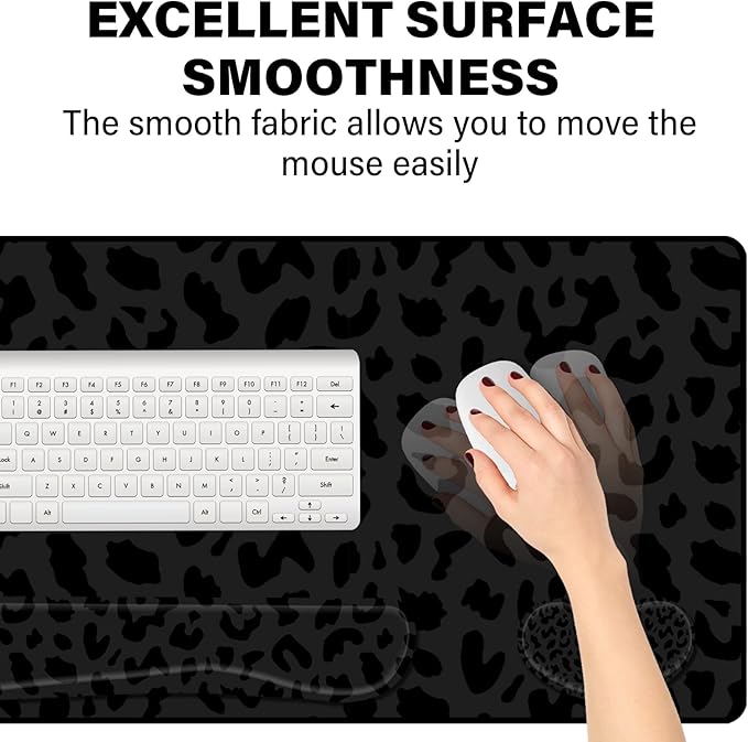 3Pcs Large Gaming Mouse Pad Desk MatKeyboard Mouse Wrist Rest Support SetExtended Laptop Mouse Pad Memory Foam Non-Slip Base for Gamer Home Office(31.5x15.7in)-Black Leopard Cheetah