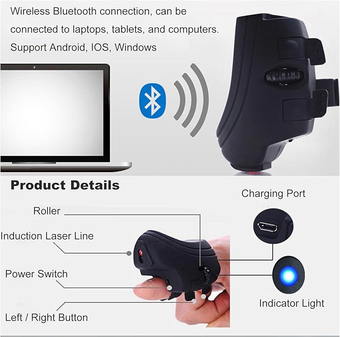 Mini Bluetooth Mouse Wireless Finger Ring Ergonomic Rechargeable- Optical Portable Wearable Finger Mouse for Laptop and Tablet No USB Receiver