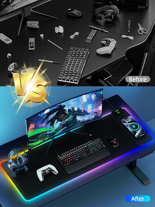Magnetic Charging Mouse Pad 31.5x11.81 Inch XL Gaming Mousepad 11+5 RGB Lighting Modes Home Office Large Desk Pad with Ultra-Smooth Surface Non-Slip Waterproof Keyboard Pad Classic Black Desk Mat