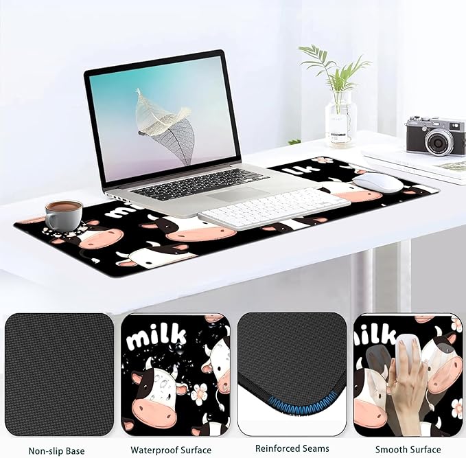 JVGFYNKL Large Gaming Mouse Pad Set Ergonomic Memory Foam Keyboard Wrist Rest Support + Mouse Wrist Rest + Extended Desk Mat with Non-Slip Rubber Base Cute Milk Cow Pattern Black Desk Pad