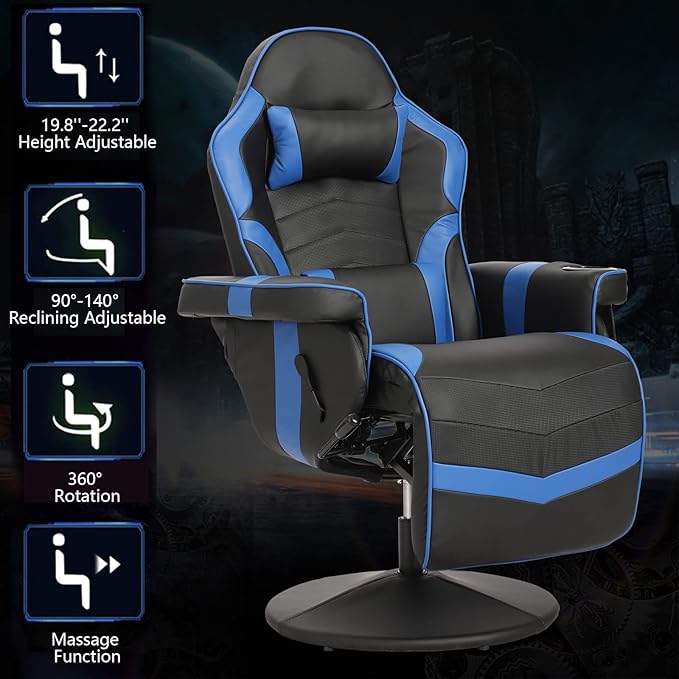 Gaming Chair Reclining Gaming Chair with Footrest PU Leather Game Chair Recliner with Massage Swivel Recliner Gaming Chairs for Adults with Cup Holder Lumbar Support Side Pouch (Blue)