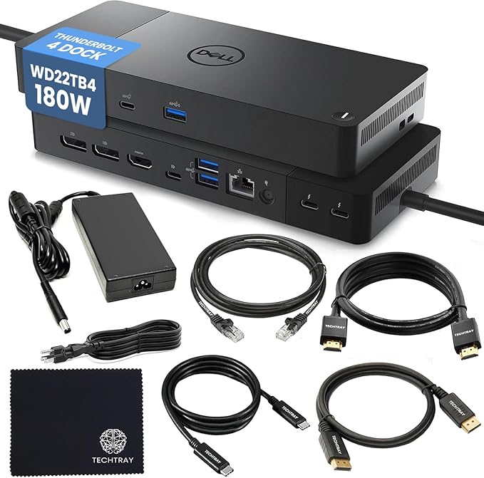 Dell WD22TB4 Thunderbolt 4 Dock 180W - 40Gbps 3-Year Warranty USB-C/USB-A Dell Docking Station with 180W Adapter + Techtray Cables &amp Cloth - Supports Dual/Triple Monitor &amp 4K Displays (New)