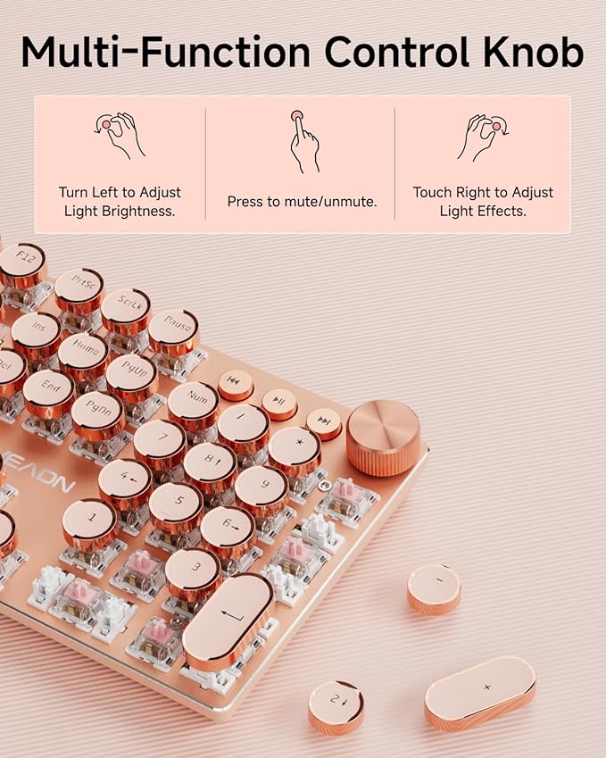 EWEADN Typewriter Style Mechanical Keyboard Wired Typewriter Keyboard104 Keys Retro Typewriter Keyboards Media Control Knob Wired Computer Keyboard Pink Switch for Windows/Mac/PC-Pink