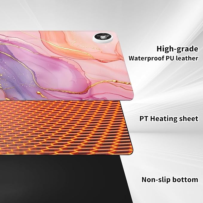 Warm Desk PadHeated Desk PadOffice Mat3 Heating Levels &amp 3 Hours Auto Shut-Off31.5*13 Gaming Mouse Laptop Keyboard Leather Desk MatPink Golden Marble