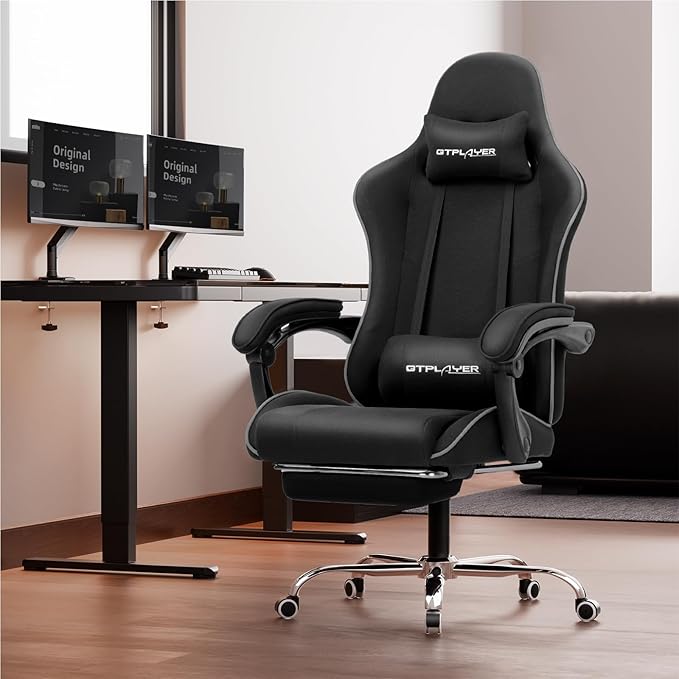 GTPLAYER Gaming Chair Computer Chair with Footrest and Lumbar Support Height Adjustable Game Chair with 360°-Swivel Seat and Headrest and for Office or Gaming (Faux Leather Black)