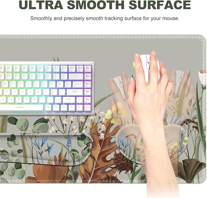 Keyboard Mouse Pad Set Extended Gaming Mouse Pad +Keyboard Wrist Support +Mouse Wrist Rest +Coaster 35.4x15.7 in XXL Large Ergonomic Desk Mat 4in1 Set for Home Office Plant Flowers
