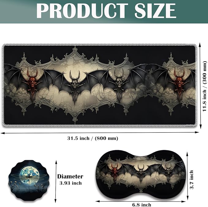 Large Game Mouse Pad + Wrist Support Pad + Coffee Coaster Desk Pad with Sewn Edges Anti-Slip Set pad Suitable for Office Work and Home - Neo Bats