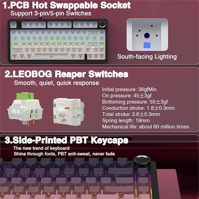 AULA F75 Pro Wireless Mechanical Keyboard75% Hot Swappable Custom KeyboardRGB BacklitPre-lubed Reaper SwitchesSide Printed PBT Keycaps Mechanical Gaming Keyboards Pink&ampBlack