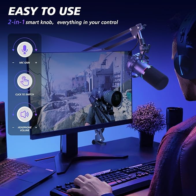 MAONO XLR/USB Dynamic Microphone Kit RGB Podcast Mic with Software Mute Gain Knob Volume Control Boom Arm for Streaming Gaming Voice-Over Recording-PD200XS Black