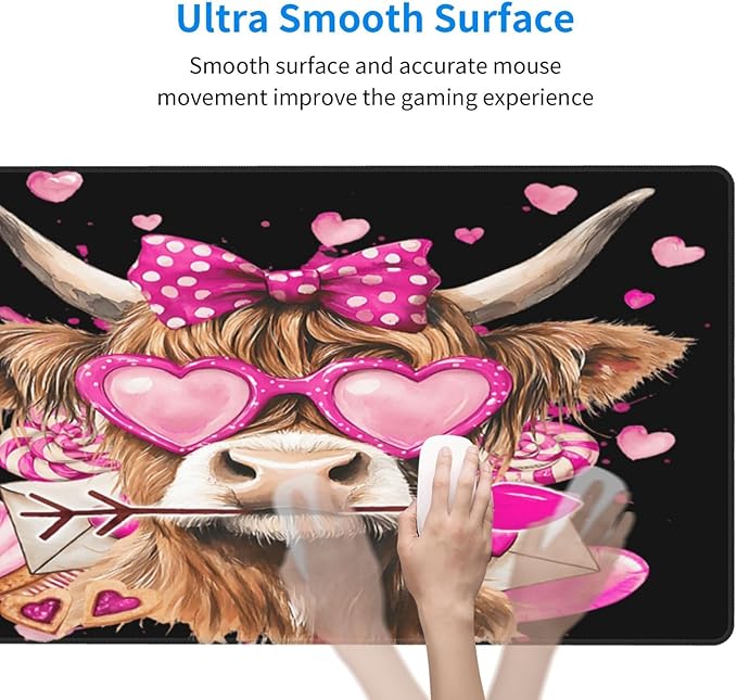 Cute Highland Cow with Bow Heart Glasses Mouse Pad Non Slip Large Desk Keyboard Mat Gaming Protection Pad 16X29.5 Inch
