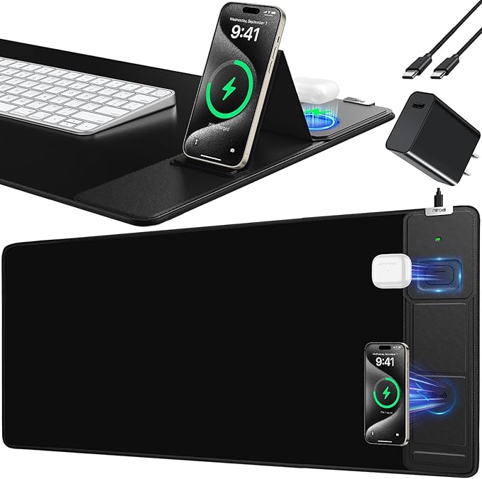 Mouse Pad with Foldable Phone Holder Wireless Charging Desk Mat 31.5x15.8 Large Mousepad with Superior Micro-Weave Cloth XXL Desk Pad with Non-Slip Waterproof Keyboard Pad for Home &amp Office