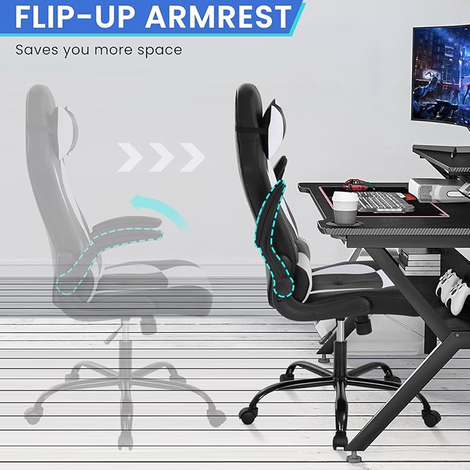 Gaming Chair PU Leather Computer Chair with Flip-up Armrest and Lumbar Support Ergonomic High Back Home Office Chair Comfy Video Game Chair for Home Bedroom White