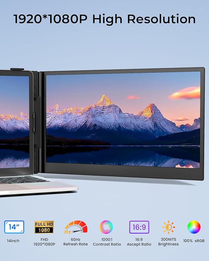 Laptop Screen Extender 14 Ultra-Slim &amp Lightweight Portable Monitor for 13-17 Laptops 1080P FHD Dual Monitor One Cable Connection Compatible with Wins/Mac/Android/Linux/Chrome (Grey)