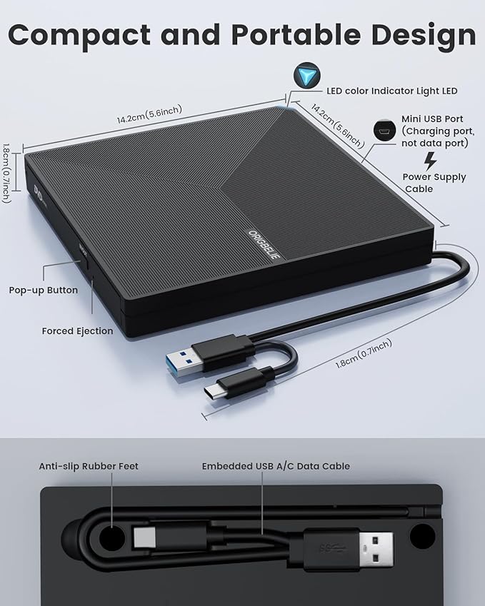 External CD DVD Drive Portable Type C &amp A USB 3.0 DVD +/-RW Player Burner Reader Writer Optical CD ROM Disc Drive for MacBook Laptop Desktop PC Mac OS Windows Linux with Carrying Case
