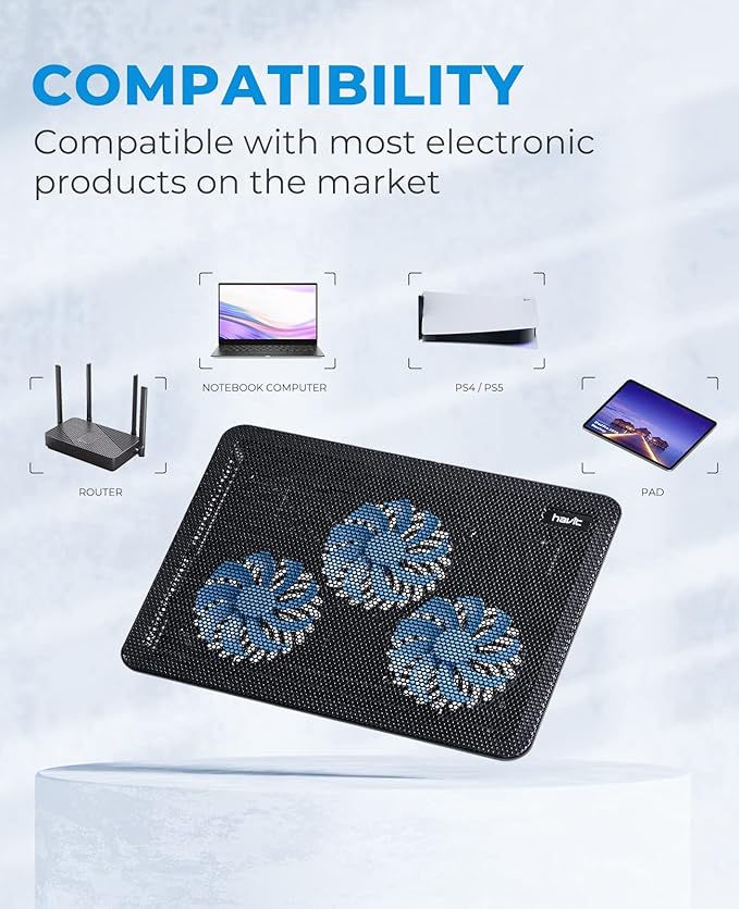havit HV-F2056 15.6-17 Laptop Cooler Cooling Pad - Slim Portable USB Powered (3 Fans) Black/Blue