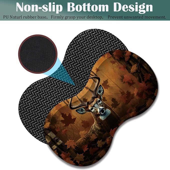 Large Game Mouse Pad + Wrist Support Pad + Coffee Coaster Desk Pad with Sewn Edges Anti-Slip Set pad Suitable for Office Work and Home - Camo Flag Deer