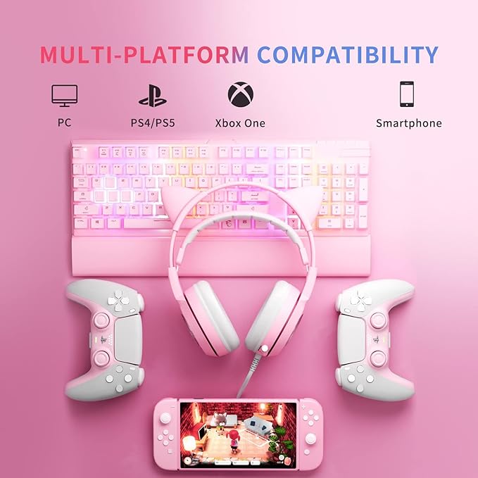 SOMIC G951s Pink Stereo Gaming Headset with Mic for PS4XboxPCMobile Phone3.5mm Noise Reduction Cat Ear Headphones Lightweight Over Ear Headphones for Woman