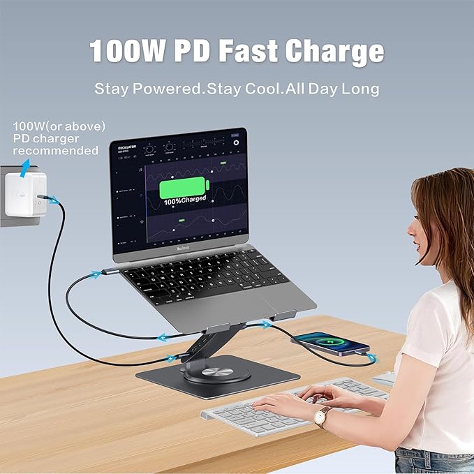 Adjustable Laptop Stand for Desk with Docking Station 9-in-1 Aluminum Laptop Riser with USB Hub 360° Swivel Dual Display 4K60Hz HDMI 3 USB3.0 100W PD Charging for MacBook Pro Air/Dell/HP 7-15.6