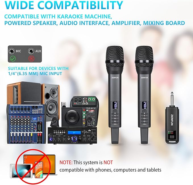 Rechargeable Wireless Microphones Dual Pro Handheld Cordless Mics System Dynamic with Echo Treble BASS VOL Control for Karaoke Singing Church Party 1/4'' Output D240 Grey
