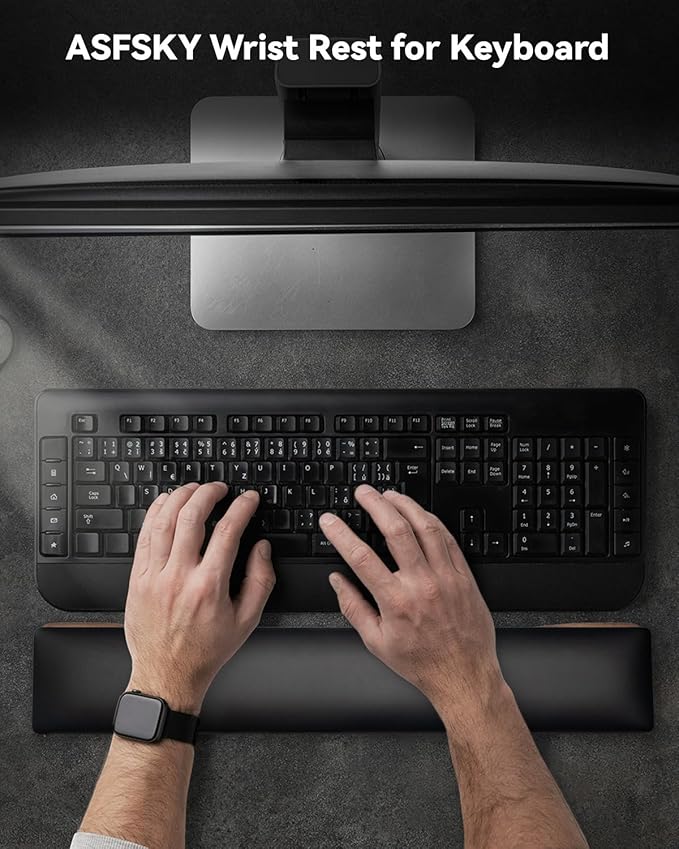 ASFSKY Keyboard Wrist Rest Ergonomic Memory Foam Wrist Pad with PU Leather &amp Wooden Base Non-Slip and Easy-to-Clean Design Wrist Support for Mechanical Keyboard Gaming &amp Office Use (Black)