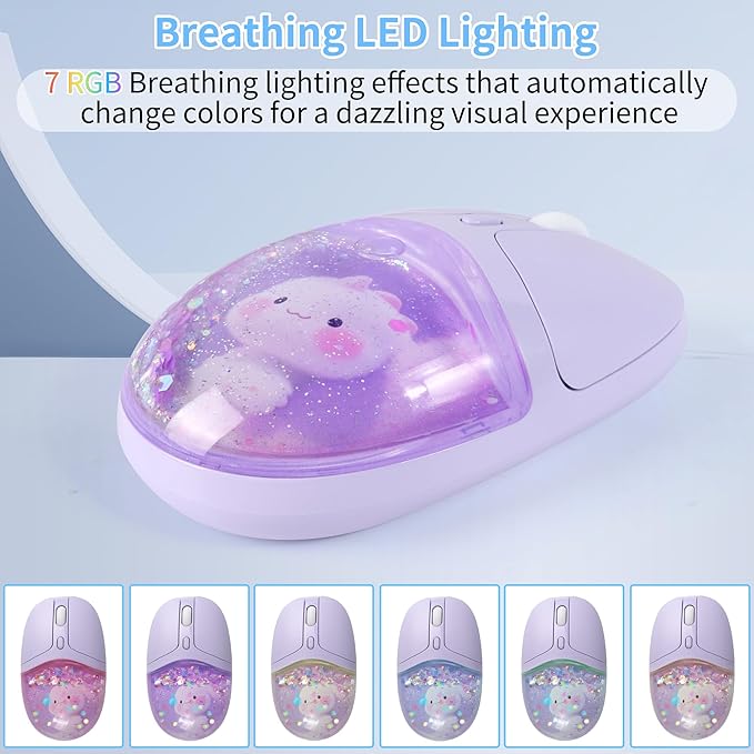 Wireless Mouse with Liquid Quicksand Sequins 2.4GHz &amp Bluetooth Dual Mode Rechargeable Silent Cute Aqua Mouse with LED Light Portable Water Mice for Laptop PC Tablet MacBook Kids Adults Gift (Purp