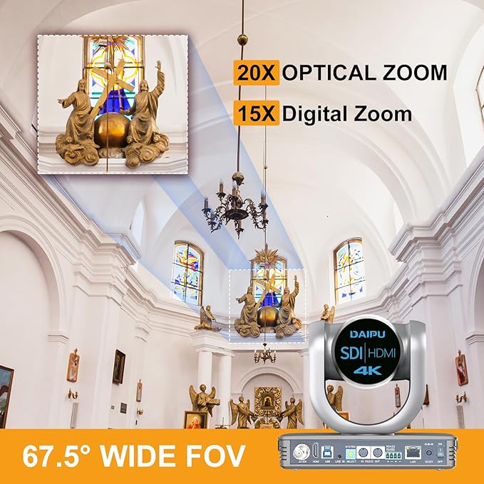 PTZ Camera 4K 20X Optical Zoom Conference Room Camera HDMI USB3.0 SDI LAN PoE 1/2.8 8.51 MP CMOS Sensor AI Auto Tracking 255 Presets for Church Worship Live Streaming Business Video Conference