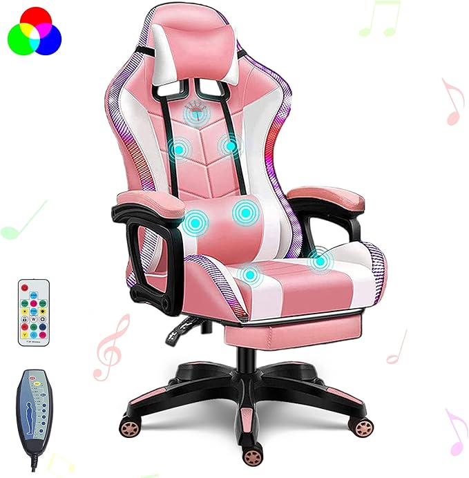 Gaming Chairs for Kids Adults Video Game Chair with LED Lights and Speakers Ergonomic 7-Point Massage Computer Chairs High Back Office Chair with Footrest and Lumbar Support HeadrestPink