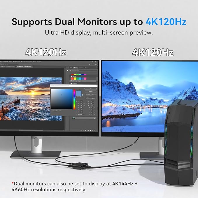 DisplayPort to Dual DisplayPort Adapter Dual 4K120Hz or 4K144Hz+4K60Hz Extend/Copy Mode/SST/MST to 2 DP Display Port Adapter for 2 Monitors (MacOS Only Supports SST Mode No DP Cable)