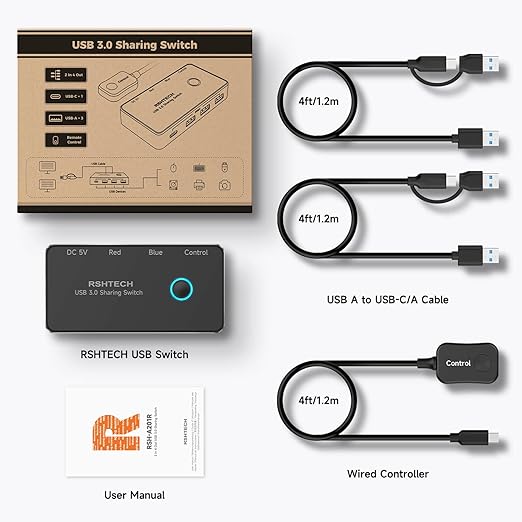 RSHTECH USB 3.0/USB C Switch 2 Computers Share 4 USB 3.0 Data Ports(3 USB-A+1 USB-C) USB Switcher Selector with 2 Cables and Controller for PC Laptop Keyboard Mouse and Printer
