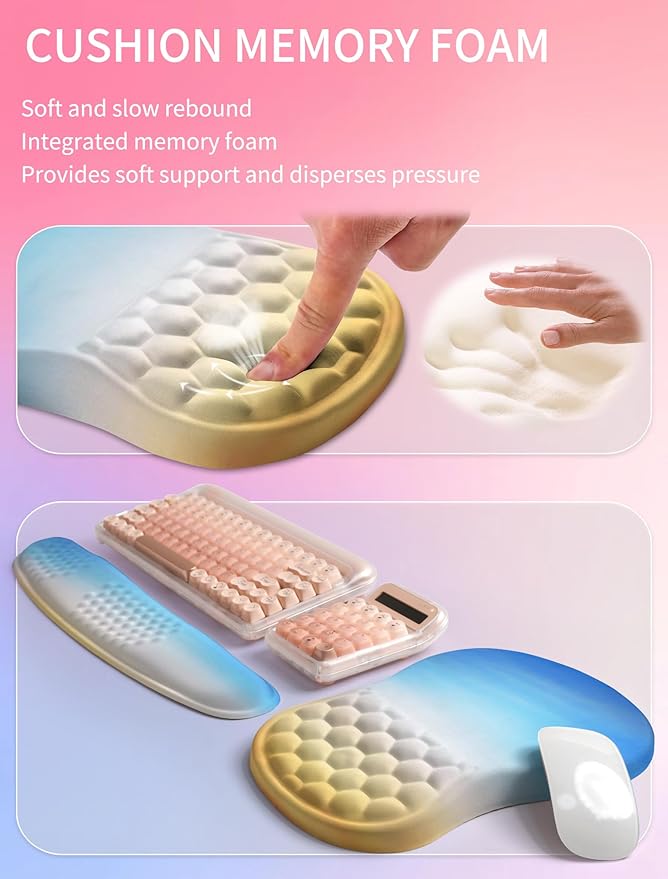 Hokafenle 2in1 Combination Wave Keyboard Wrist Rest and Ergonomic Curvature Mouse Pad Wrist Support for Relieve Wrist Pain Filled with Soft Cushion Memory Foam Sunrise
