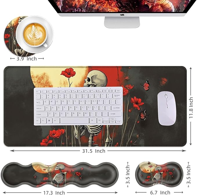 Mouse PadLarge Desk Mat Set 4in1 XL Mousepad + Keyboard Wrist Rest+Mouse Wrist Rest+Coaster with Ergonomic Desk Pad for Home Office Table Computer Cover -Skeleton with Red Poppies