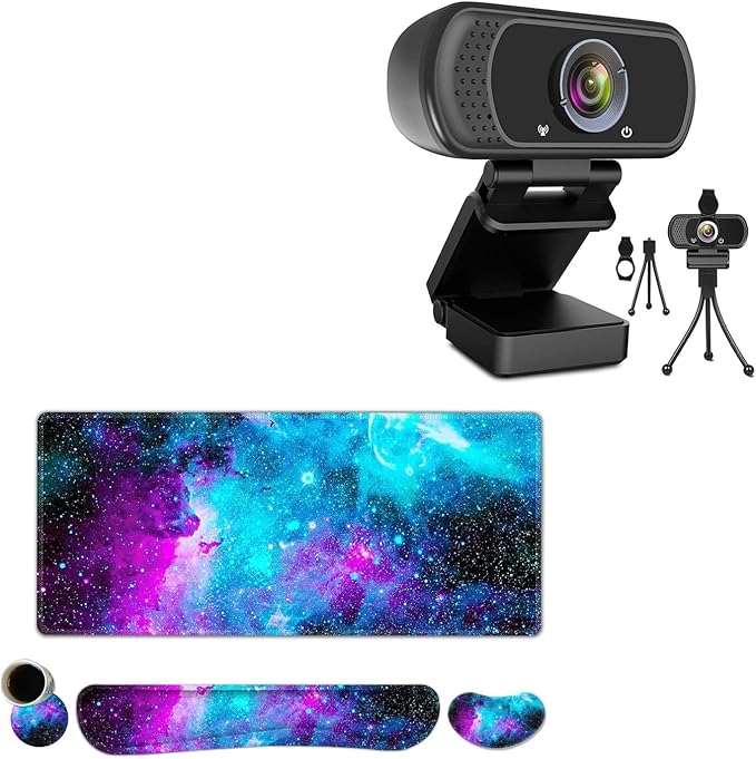 1080P Webcam with Microphone HD Webcam Web Camera with Tripod Stand Gaming Mouse Pad Wrist Support 4 in1 Set XXL Large Mouse Pad