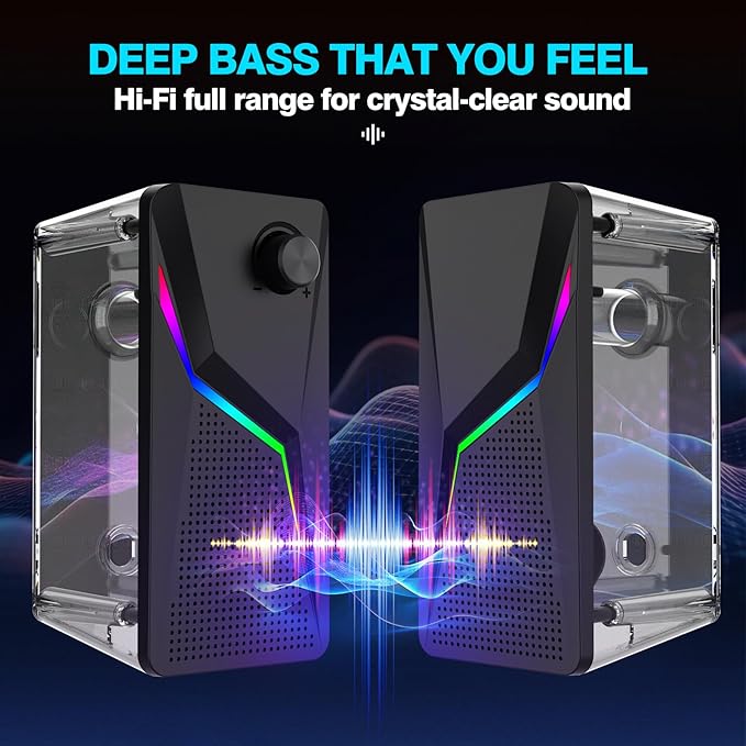 Computer Speakers PC Speakers for Desktop with 6 Lighting Modes PC Gaming Accessories Stereo Sound Desktop Computer Speakers with 2 Bass-Boost Ports USB Powered 3.5mm AUX Cable