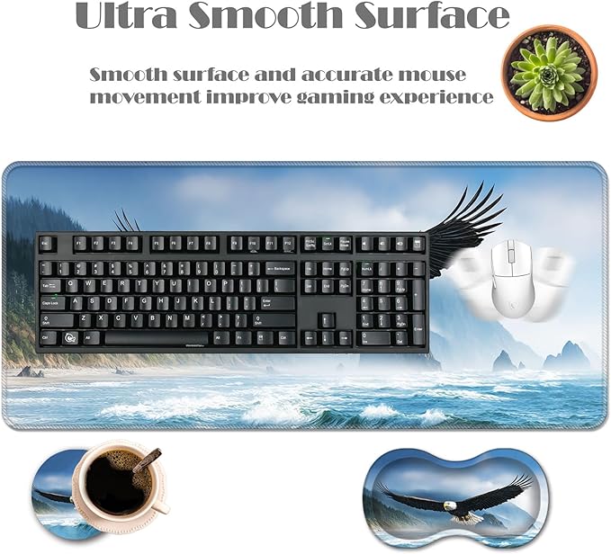 Ergonomic Keyboard Wrist Rest &amp Mouse Pad Wrist Rest SetXL Gaming Desk Mat 31.5x 11.8Non-Slip BaseMemory FoamEasy Typing Pain Relief for Office &amp HomeBald Eagle Flying Over Sea