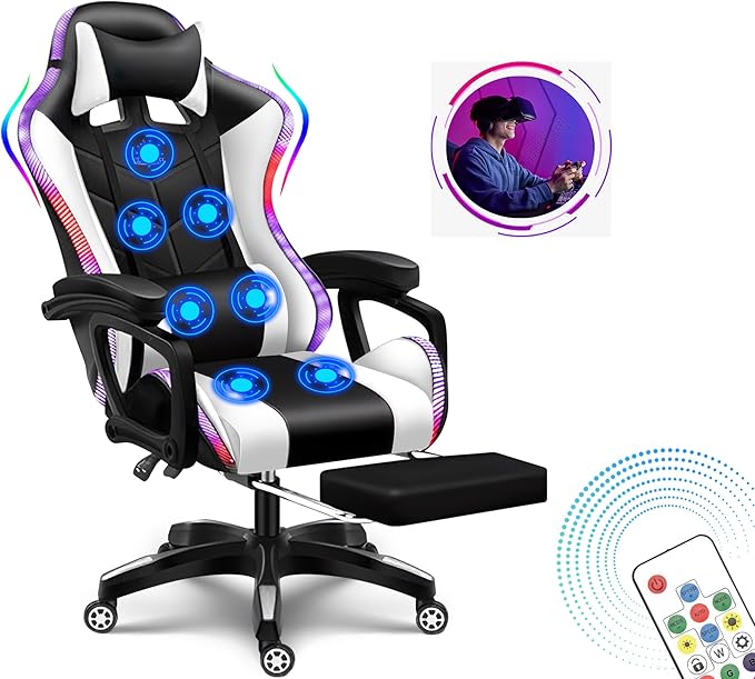 7 point massage gaming chair office chair gaming chair with RGB lights and speakers swivel chair with footrest tiltable chair computer chair with lumbar support ergonomic video gaming chairWhit
