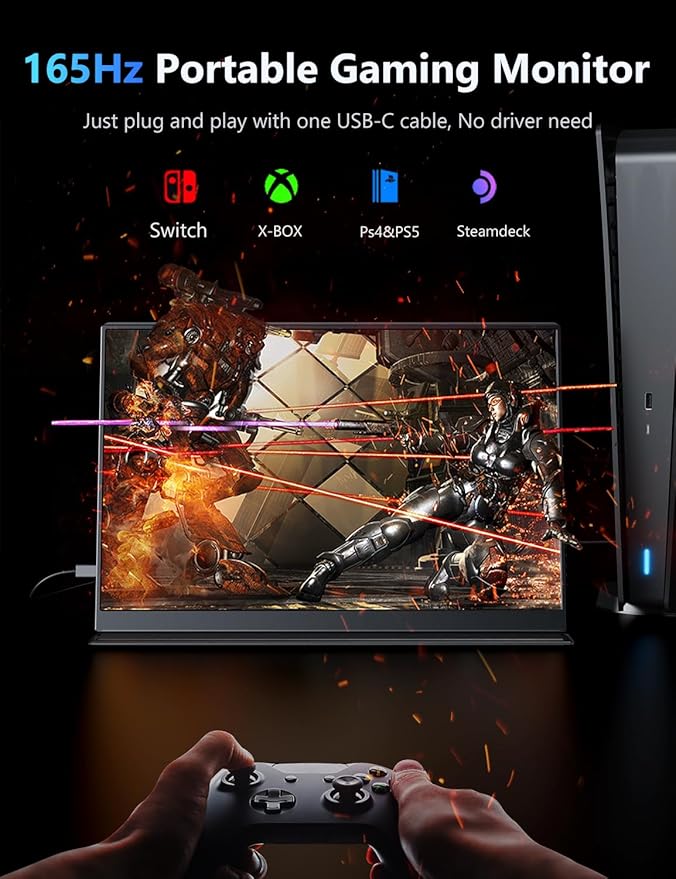 165Hz Portable Gaming Monitor 16 1920x1200 500 Nits Laptop Monitor Second Computer Display with Speakers Dual Screen Travel Monitor for PC Phone PS5/4 Xbox Switch