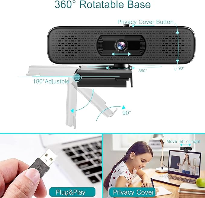 2K HD Webcam with Dual Speakers &amp Built-in Microphone 90° Wide Angle USB Computer Camera with Privacy Cover for Video Conferencing Online Teaching YouTube Skype &amp Zoom