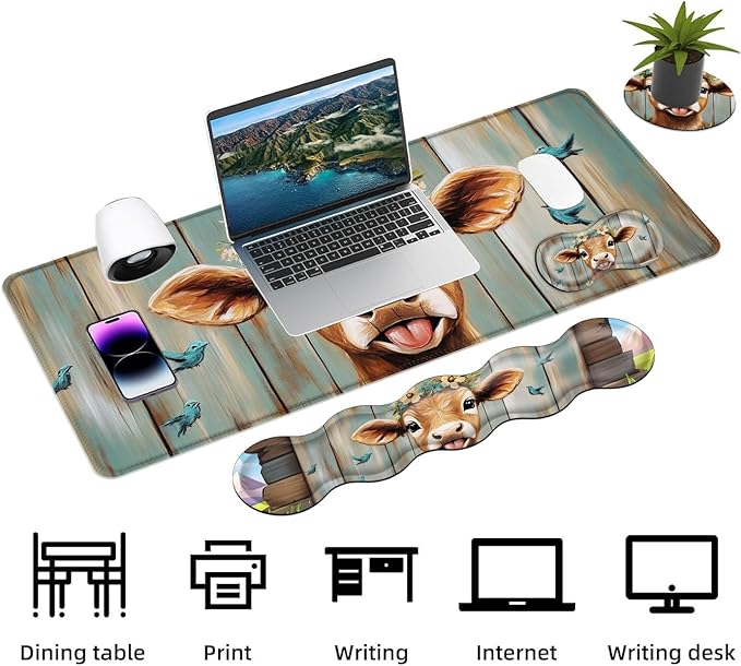 Keyboard Mouse Pad Set Extended Gaming Mouse Pad+Ergonomics Keyboard Wrist Rest Support Memory Foam Easy Typing Pain Relief 4Pcs XL Ultra Thick Desk MatFlower Crown Calf Blue Birds