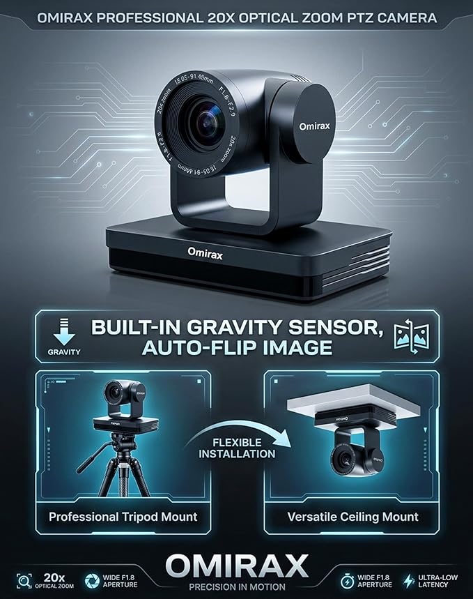 1080P PTZ Camera with AI Auto Tracking 20X Optical Zoom 3G-SDI/HDMI/USB3.0/IP/PoE RS232/RS422/RS485 Remote Included Professional Live Streaming Camera for Church &amp Conference