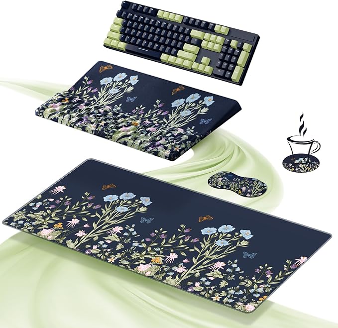 Ospelelf Keyboard Wrist Rest Stand Pad and Ergonomic Mouse Pad Set with Large Mousepad Memory Foam Comfort Premium Office Desk Accessories for Pain Relief Moonlit Blossoms