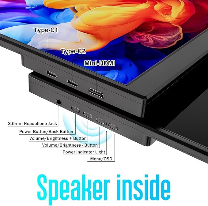 Portable Monitor 15.6 Inch 1080P FHD USB-C HDMI Ultra-Slim Travel Monitor with Kickstand &amp Speakers IPS Gaming Display Screen Extender for Laptop PC Mac Phone PS Xbox Switch