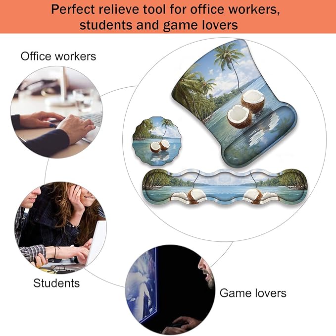 Ergonomic Keyboard Wrist Support Pad and Wrist Support Mouse Pad Anti-Slip with Gel Memory Mouse Pad Set Suitable for Office Use/Home Use - Coconut Beach
