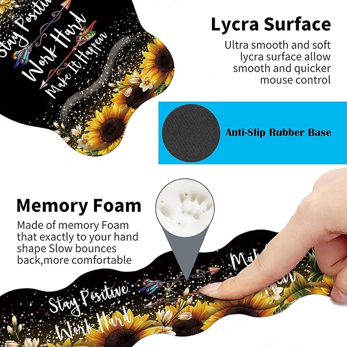 3 in 1 Keyboard Wrist Rest + Mouse Pad and Coaster Ergonomic Gel Mouse Pad and Keyboard Pad Set Comfortable Lightweight for Easy Typing Pain Relie Sunflower Inspirational Quote